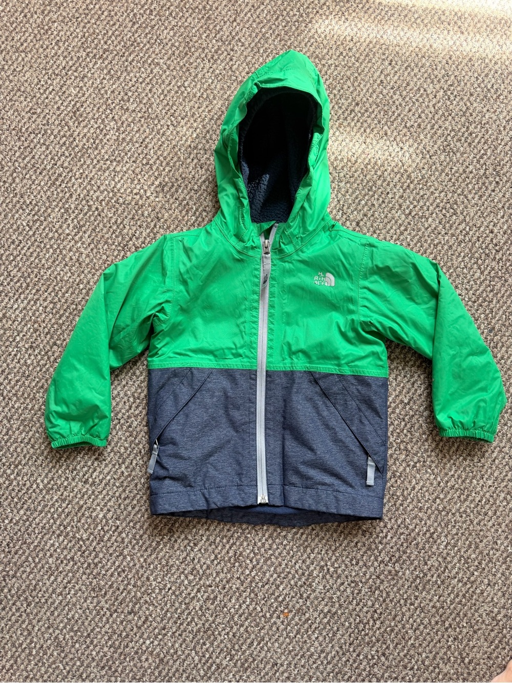 The North Face Kids Green and Gray Hooded Rain Jacket